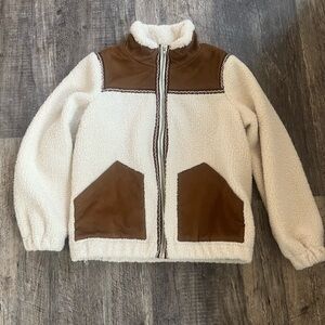 Cream Sherpa Puffer Jacket with Brown Suede Accents